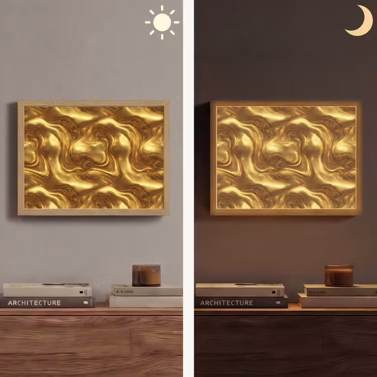 Textuur - Vloeibaar - Organisch - Goud Light Box met batterij (Wandlamp) middel 907 -sfeer3