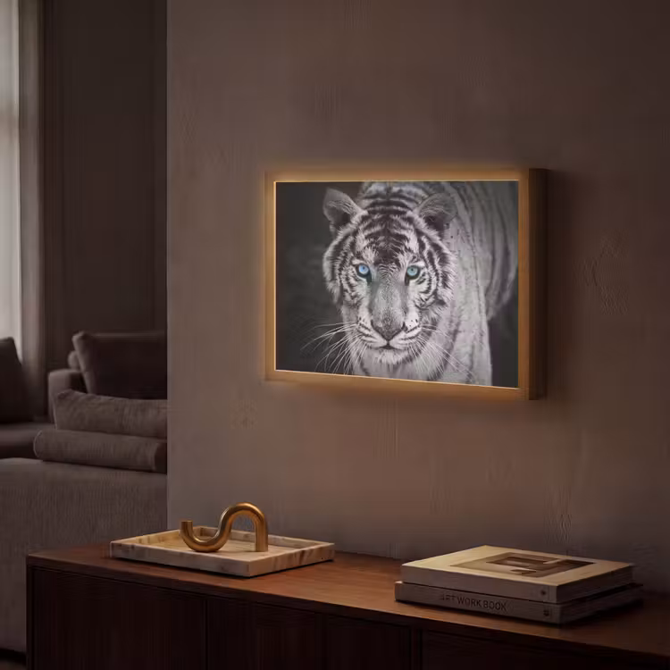 Tijger - Dier - Zwart - Blauw - Modern Light Box met batterij (Wandlamp) middel -sfeer1