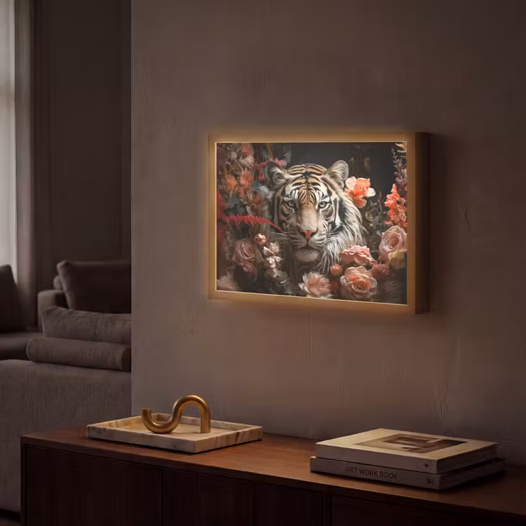 Tijger - Dier - Natuur - Bloemen - Botanisch Light Box met batterij (Wandlamp) middel -sfeer1