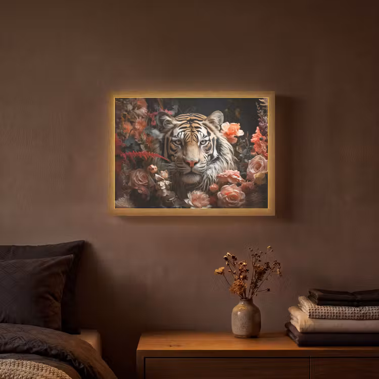 Tijger - Dier - Natuur - Bloemen - Botanisch Light Box met batterij (Wandlamp) middel -sfeer4
