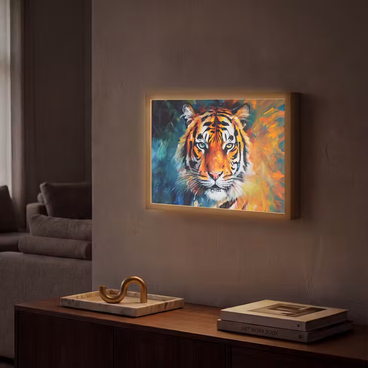 Tijger - Dieren - Olieverf - Kunst Light Box met batterij (Wandlamp) middel -sfeer1