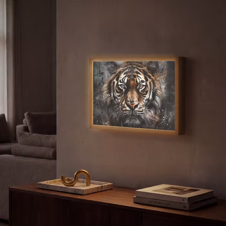 Tijger - Dieren - Portret - Luxe - Zwart Light Box met batterij (Wandlamp) middel -sfeer1