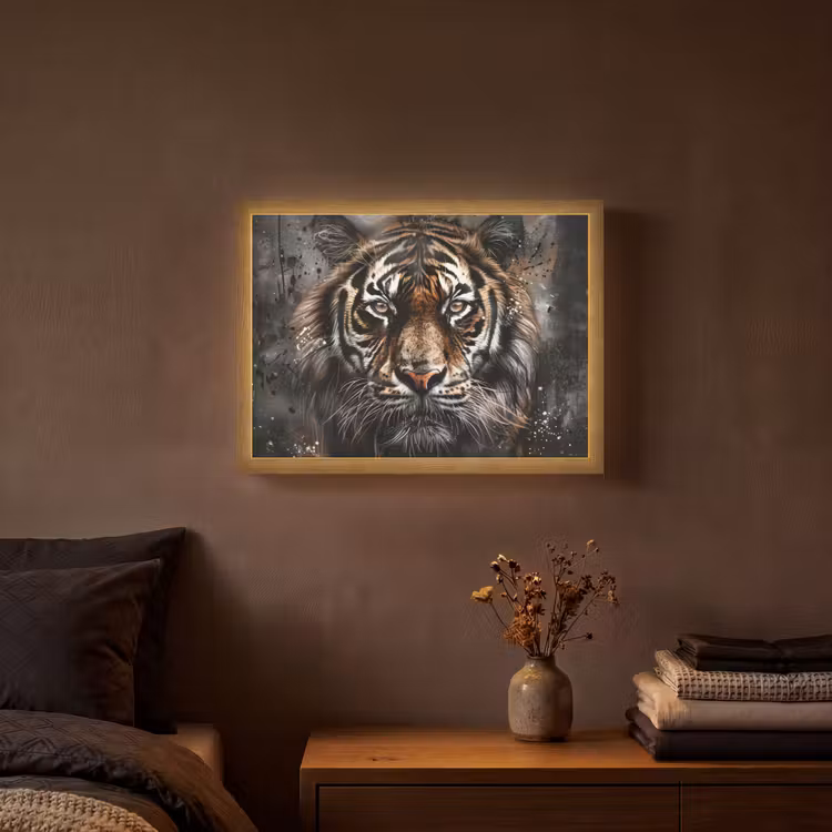 Tijger - Dieren - Portret - Luxe - Zwart Light Box met batterij (Wandlamp) middel -sfeer4