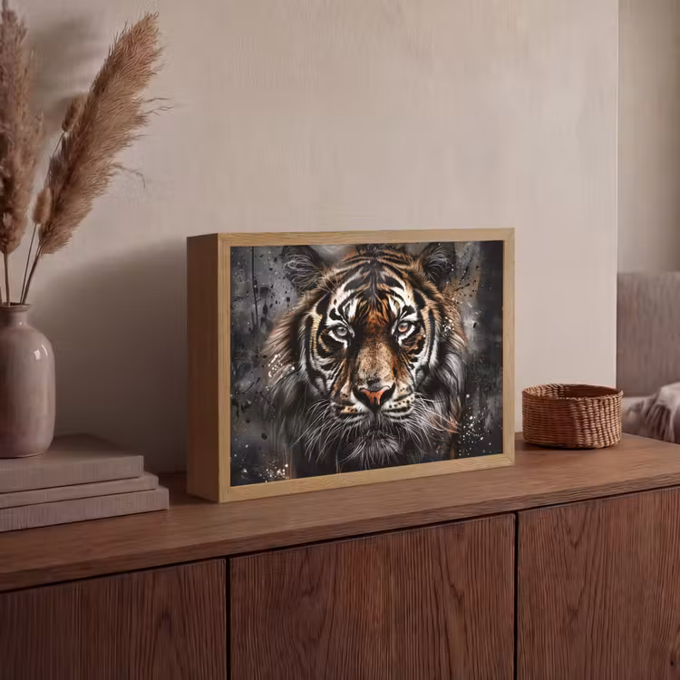 Tijger - Dieren - Portret - Luxe - Zwart Light Box met batterij (Wandlamp) middel -sfeer2
