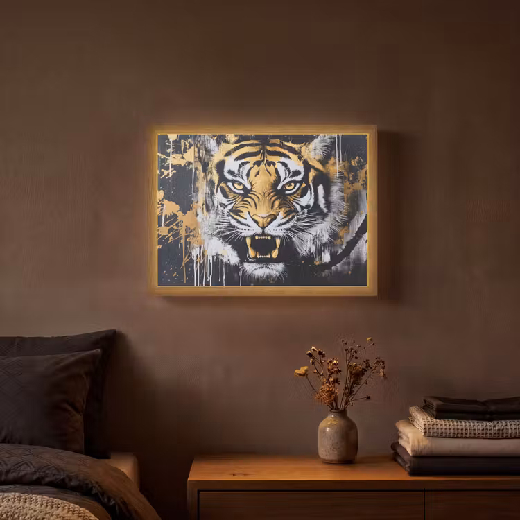 Tijger - Verfspatten - Goud Light Box met batterij (Wandlamp) middel -sfeer4