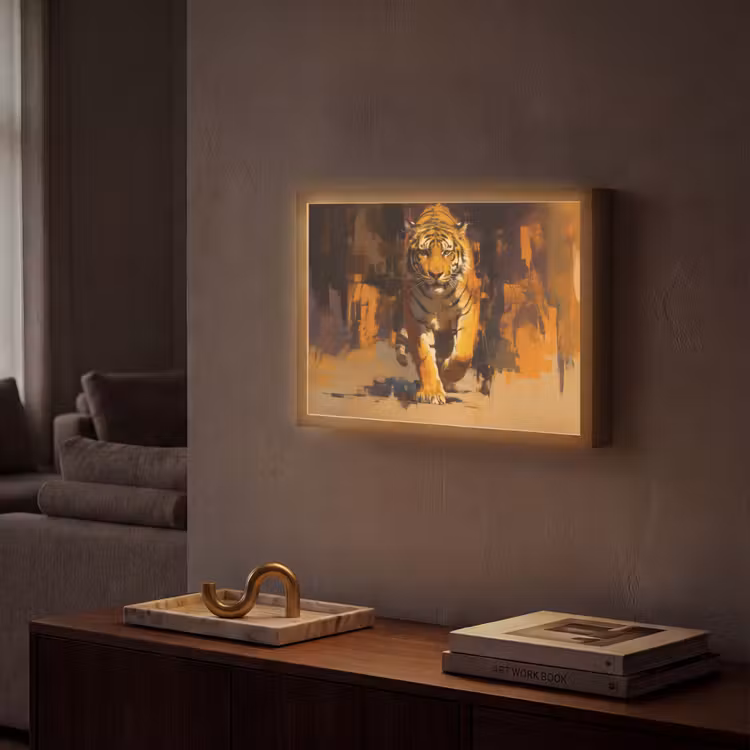 Tijger - Geschilderd - Oranje - Penseelstreken Light Box met batterij (Wandlamp) middel -sfeer1