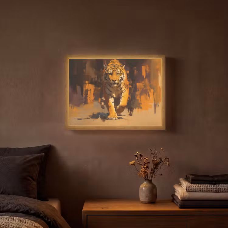 Tijger - Geschilderd - Oranje - Penseelstreken Light Box met batterij (Wandlamp) middel -sfeer4