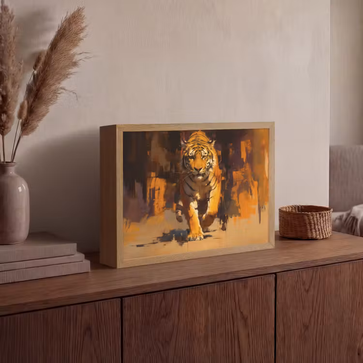 Tijger - Geschilderd - Oranje - Penseelstreken Light Box met batterij (Wandlamp) middel -sfeer2