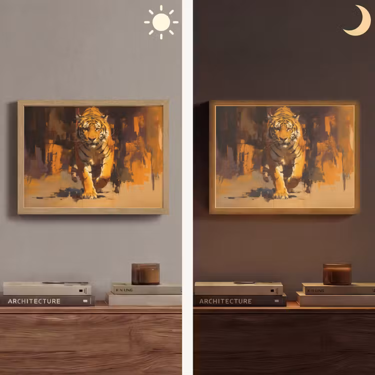 Tijger - Geschilderd - Oranje - Penseelstreken Light Box met batterij (Wandlamp) middel -sfeer3