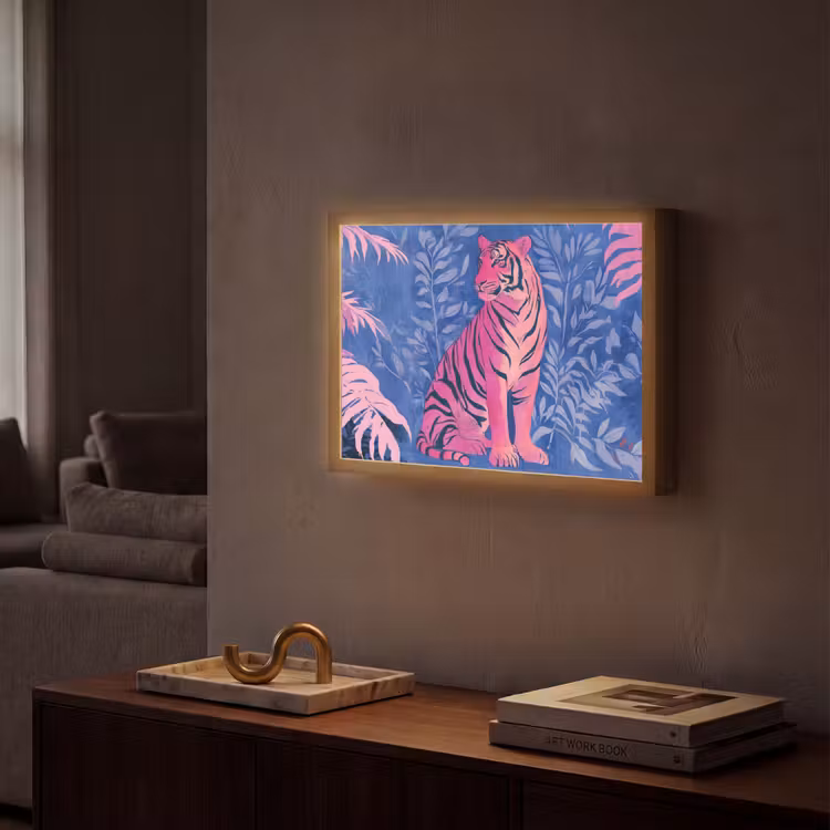 Tijger - Roze - Bladeren - Jungle Light Box met batterij (Wandlamp) middel -sfeer1