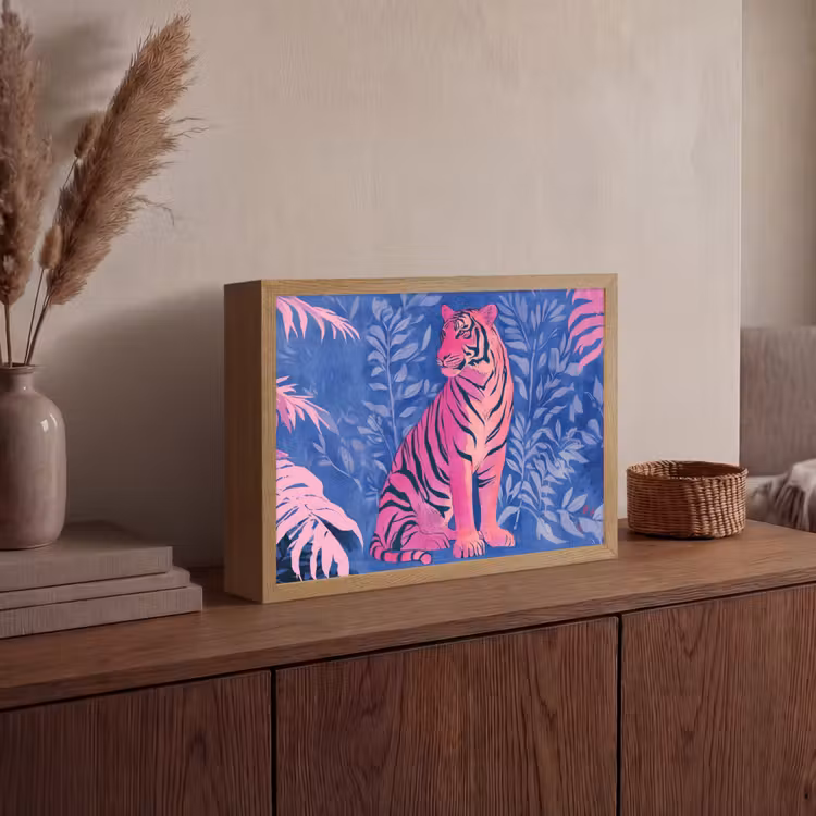 Tijger - Roze - Bladeren - Jungle Light Box met batterij (Wandlamp) middel -sfeer2