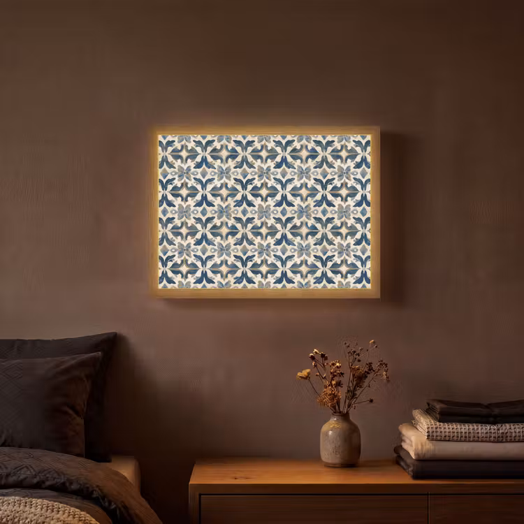 Tegel - Patroon - Blauw - Beige Light Box met batterij (Wandlamp) middel 907 -sfeer4