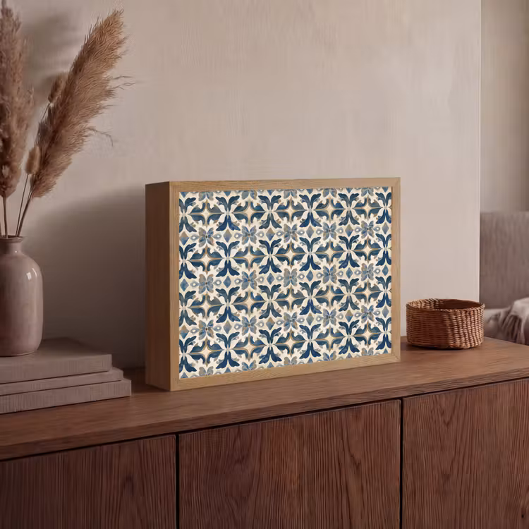 Tegel - Patroon - Blauw - Beige Light Box met batterij (Wandlamp) middel 907 -sfeer2