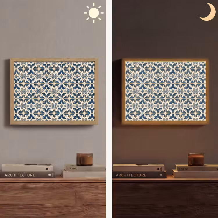 Tegel - Patroon - Blauw - Beige Light Box met batterij (Wandlamp) middel 907 -sfeer3