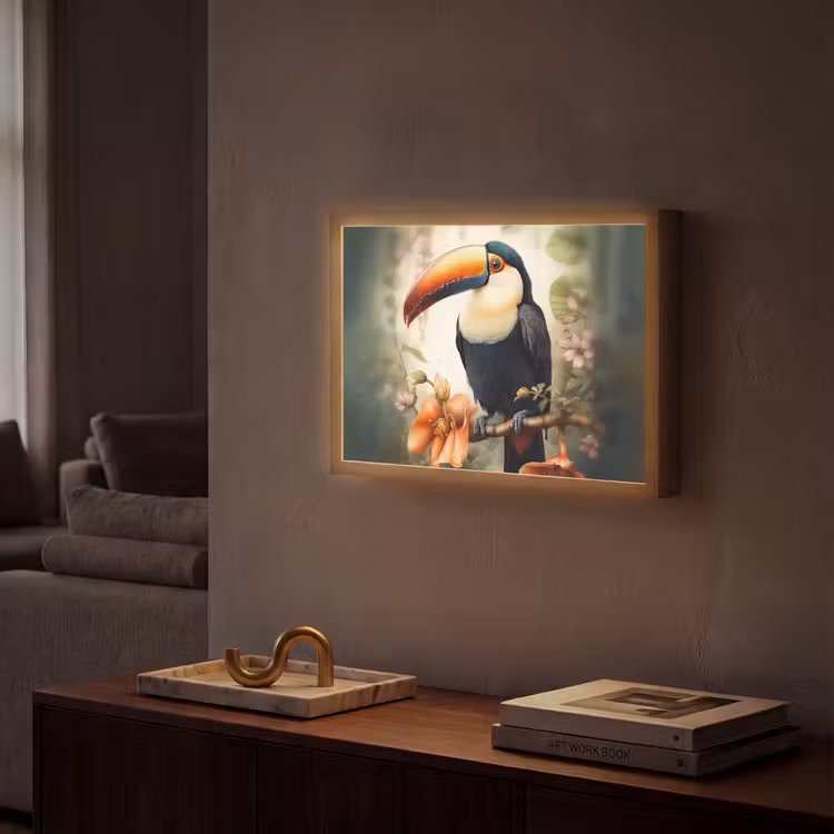 Toekan - Vogel - Bloemen - Planten Light Box met batterij (Wandlamp) middel -sfeer1