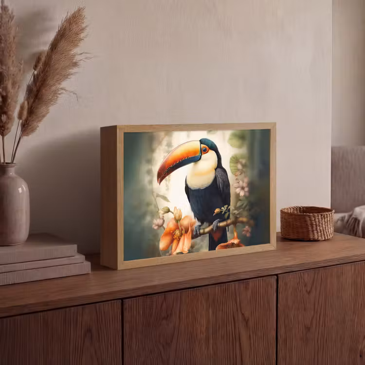 Toekan - Vogel - Bloemen - Planten Light Box met batterij (Wandlamp) middel -sfeer2