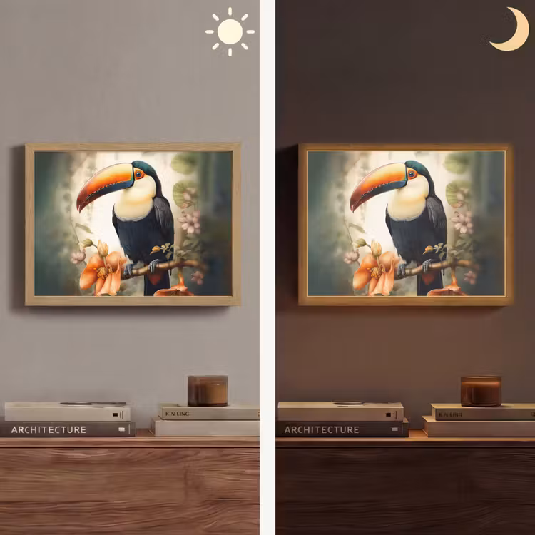 Toekan - Vogel - Bloemen - Planten Light Box met batterij (Wandlamp) middel -sfeer3