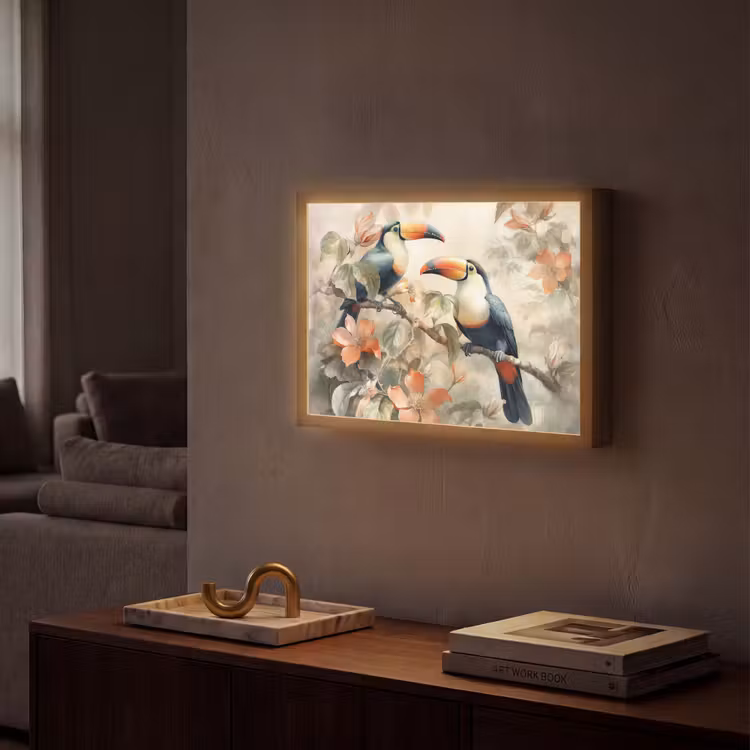 Toekan - Vogels - Bloemen - Tak Light Box met batterij (Wandlamp) middel -sfeer1