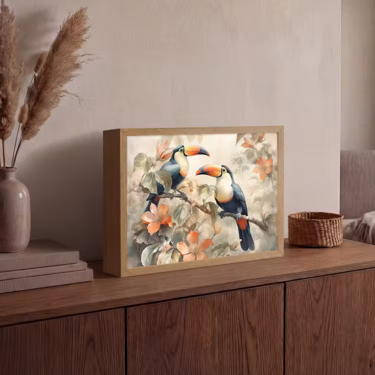 Toekan - Vogels - Bloemen - Tak Light Box met batterij (Wandlamp) middel -sfeer2