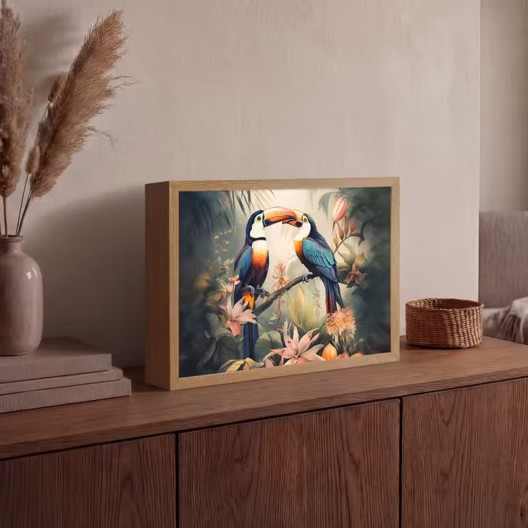 Toekan - Vogels - Bloemen - Natuur - Jungle Light Box met batterij (Wandlamp) middel -sfeer2