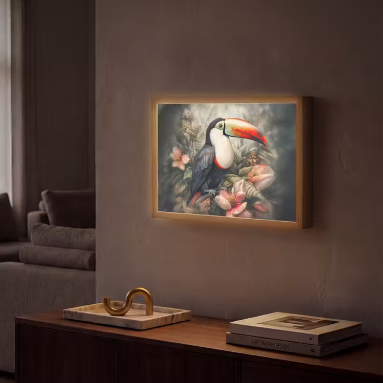Toekan - Vogels - Bloemen - Planten - Tropisch Light Box met batterij (Wandlamp) middel -sfeer1