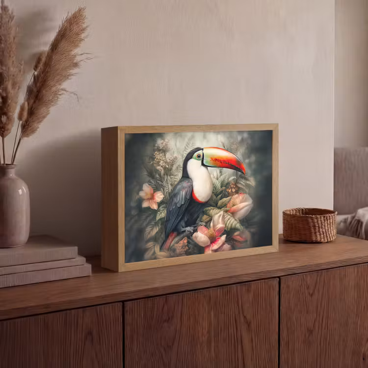 Toekan - Vogels - Bloemen - Planten - Tropisch Light Box met batterij (Wandlamp) middel -sfeer2