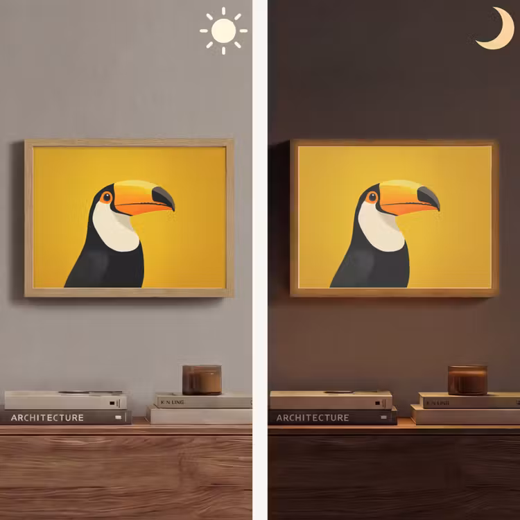 Toekan - Minimalistisch - Snavel - Oranje Light Box met batterij (Wandlamp) middel -sfeer3