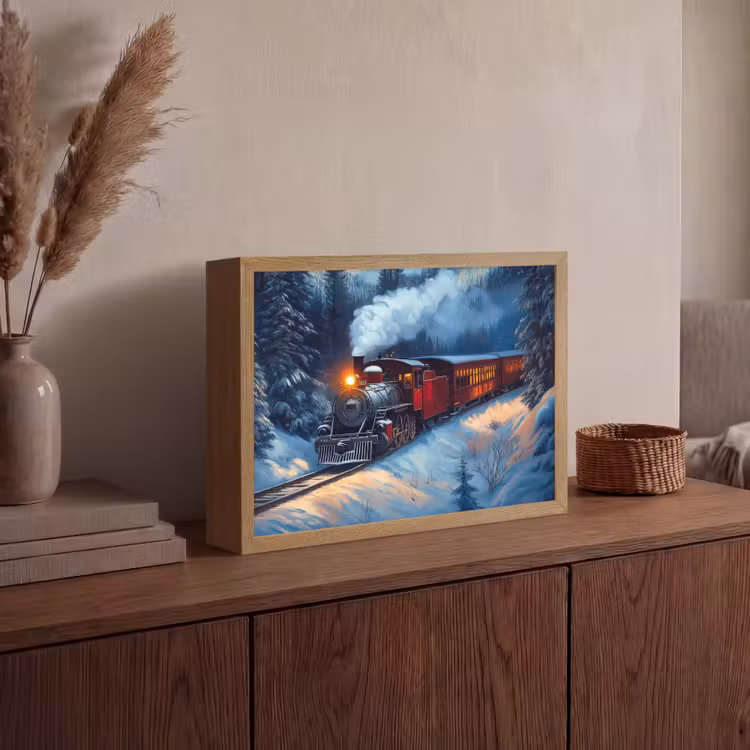 Trein - Kerst - Sneeuw - Kersttrein Light Box met batterij (Wandlamp) middel -sfeer2