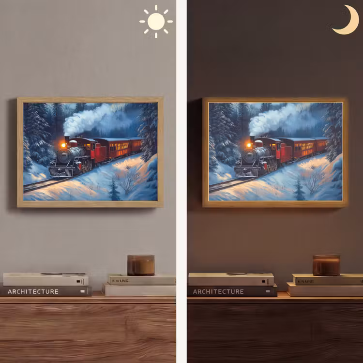 Trein - Kerst - Sneeuw - Kersttrein Light Box met batterij (Wandlamp) middel -sfeer3