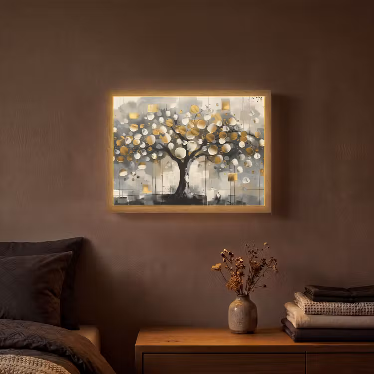 Boom - Abstract - Beige - Goud - Zwart Light Box met batterij (Wandlamp) middel -sfeer4