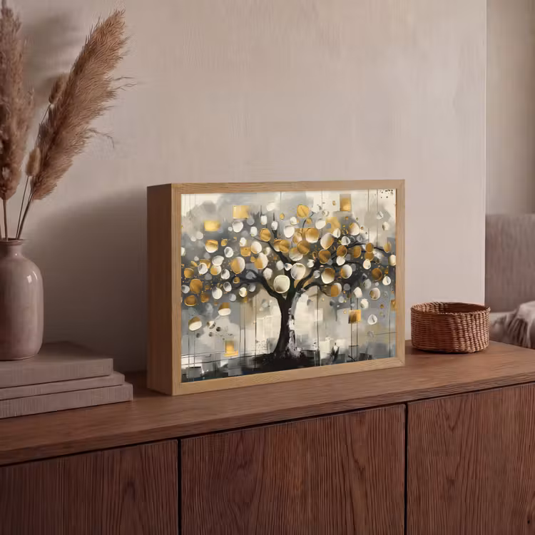 Boom - Abstract - Beige - Goud - Zwart Light Box met batterij (Wandlamp) middel -sfeer2