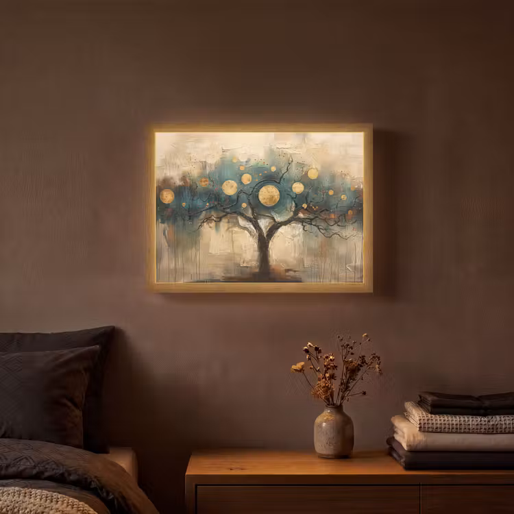 Boom - Abstract - Bruin - Goud - Industrieel Light Box met batterij (Wandlamp) middel -sfeer4