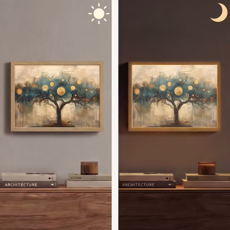 Boom - Abstract - Bruin - Goud - Industrieel Light Box met batterij (Wandlamp) middel -sfeer3
