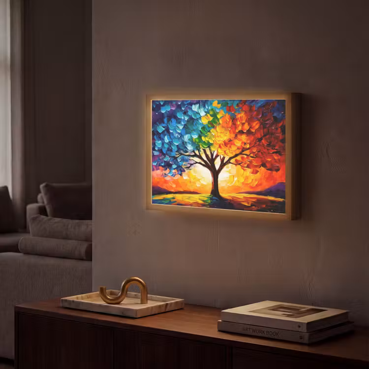 Boom - Kunst - Natuur - Zonsondergang Light Box met batterij (Wandlamp) middel -sfeer1