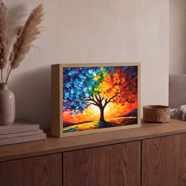 Boom - Kunst - Natuur - Zonsondergang Light Box met batterij (Wandlamp) middel -sfeer2