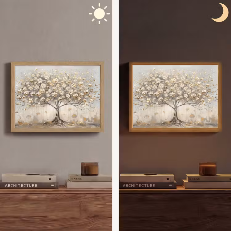 Boom - Beige - Goud - Verflook - Grijs Light Box met batterij (Wandlamp) middel -sfeer3