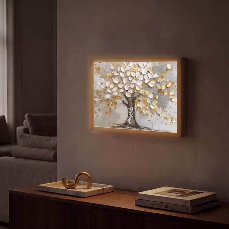 Boom - Beige - Grijs - Goud - Abstract Light Box met batterij (Wandlamp) middel -sfeer1