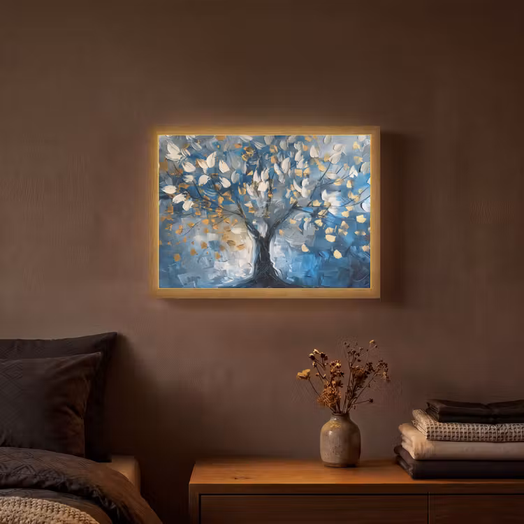 Boom - Blauw - Goud - Abstract Light Box met batterij (Wandlamp) middel -sfeer4