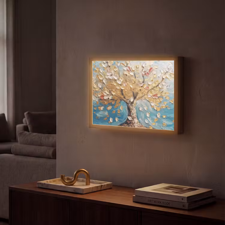 Boom - Blauw - Goud - Abstract - Modern Light Box met batterij (Wandlamp) middel -sfeer1