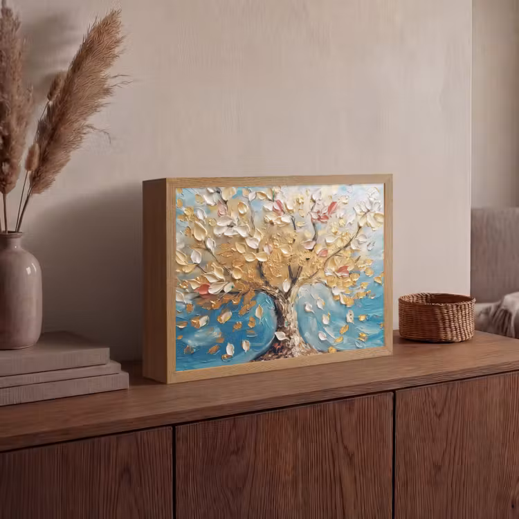 Boom - Blauw - Goud - Abstract - Modern Light Box met batterij (Wandlamp) middel -sfeer2