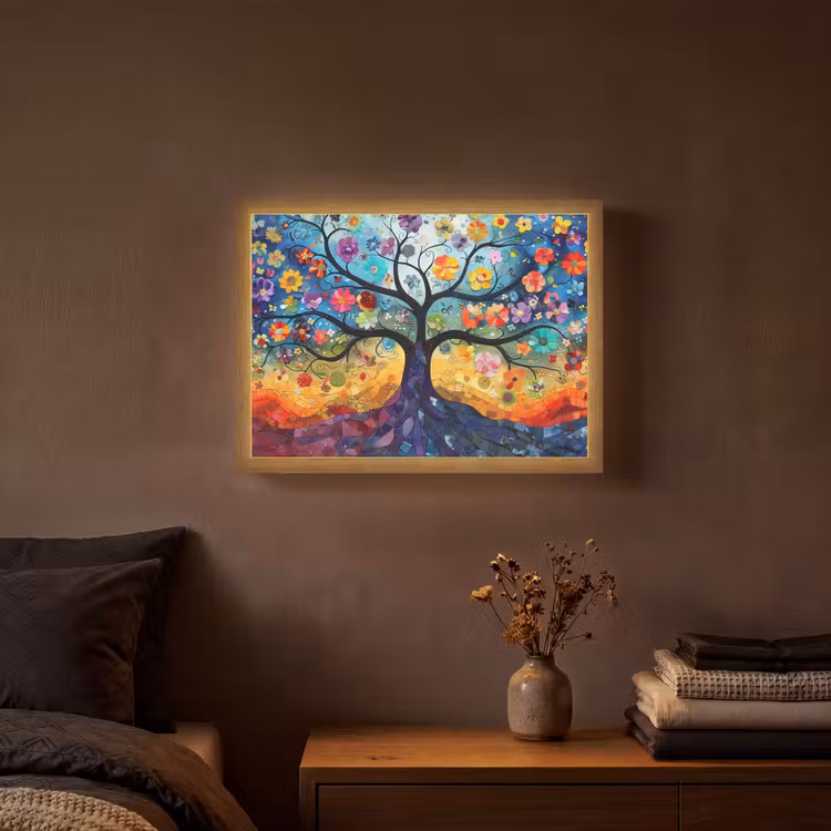 Boom - Kleurrijk - Bloemen - Kunst - Abstract Light Box met batterij (Wandlamp) middel -sfeer4