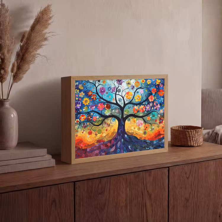 Boom - Kleurrijk - Bloemen - Kunst - Abstract Light Box met batterij (Wandlamp) middel -sfeer2
