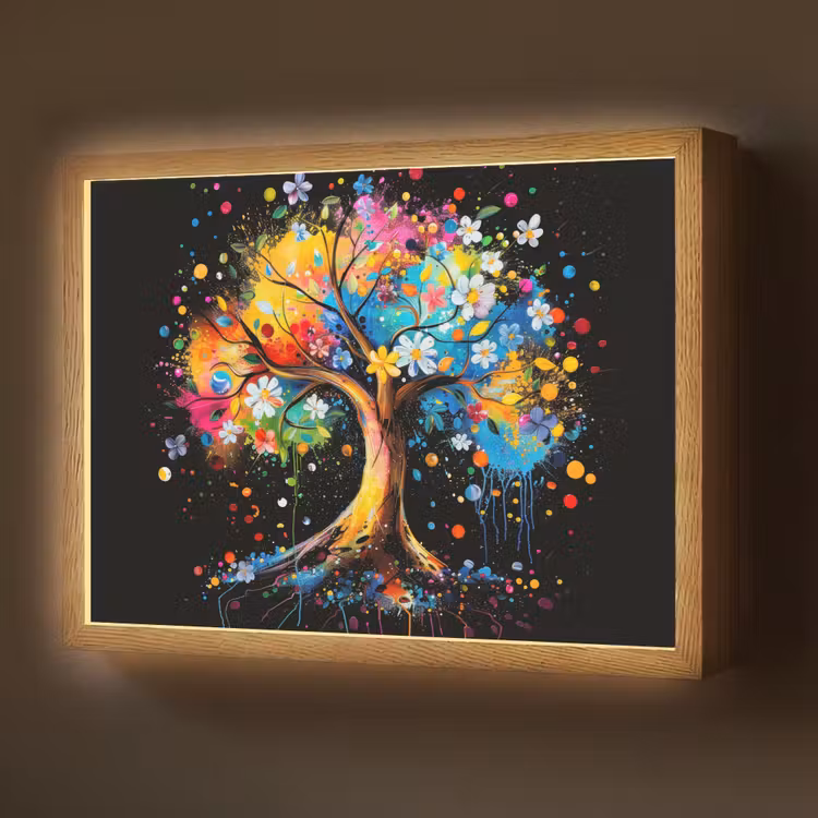 Boom - Kleurrijk - Bloemen - Zwart Light Box met batterij (Wandlamp) middel -z3d_website
