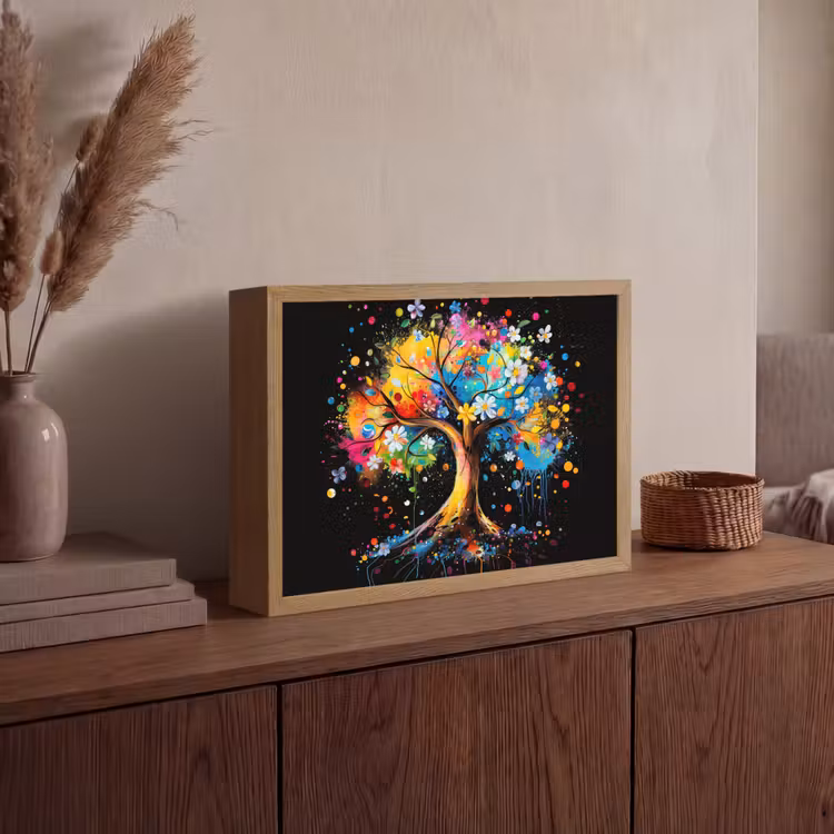 Boom - Kleurrijk - Bloemen - Zwart Light Box met batterij (Wandlamp) middel -sfeer2