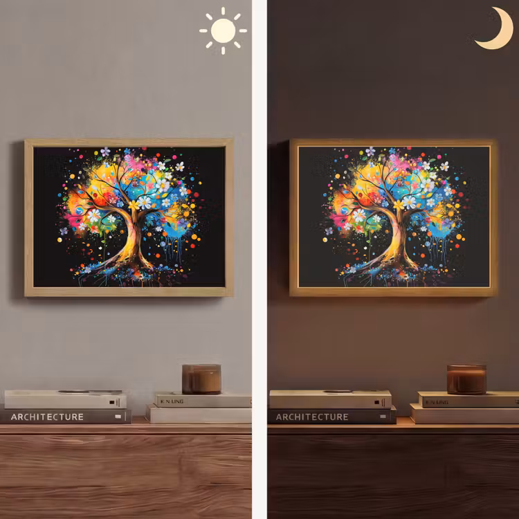 Boom - Kleurrijk - Bloemen - Zwart Light Box met batterij (Wandlamp) middel -sfeer3