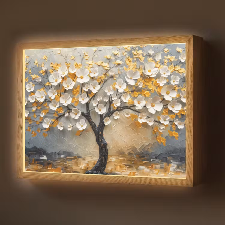 Boom - Bloemen - Goud - Beige Light Box met batterij (Wandlamp) middel -z3d_website