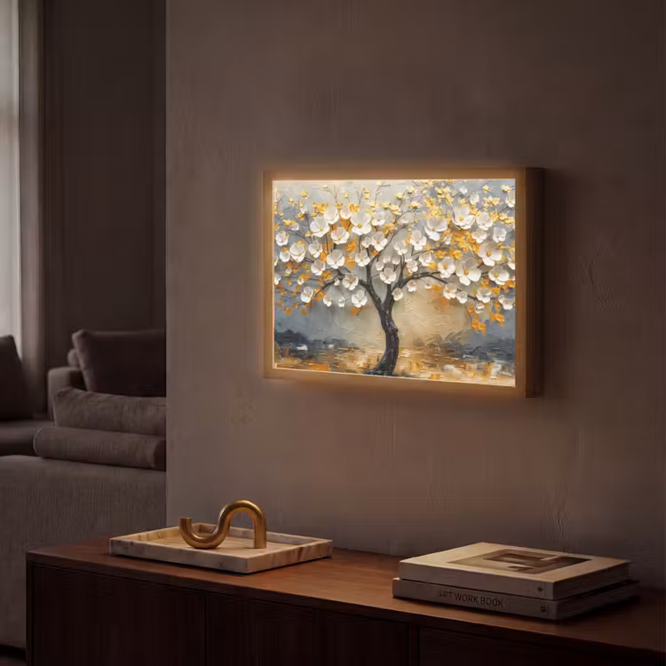 Boom - Bloemen - Goud - Beige Light Box met batterij (Wandlamp) middel -sfeer1