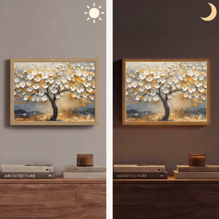 Boom - Bloemen - Goud - Beige Light Box met batterij (Wandlamp) middel -sfeer3