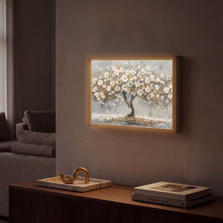 Boom - Goud - Bloemen - Abstract - Kunst Light Box met batterij (Wandlamp) middel -sfeer1