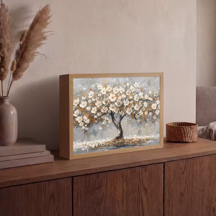 Boom - Goud - Bloemen - Abstract - Kunst Light Box met batterij (Wandlamp) middel -sfeer2